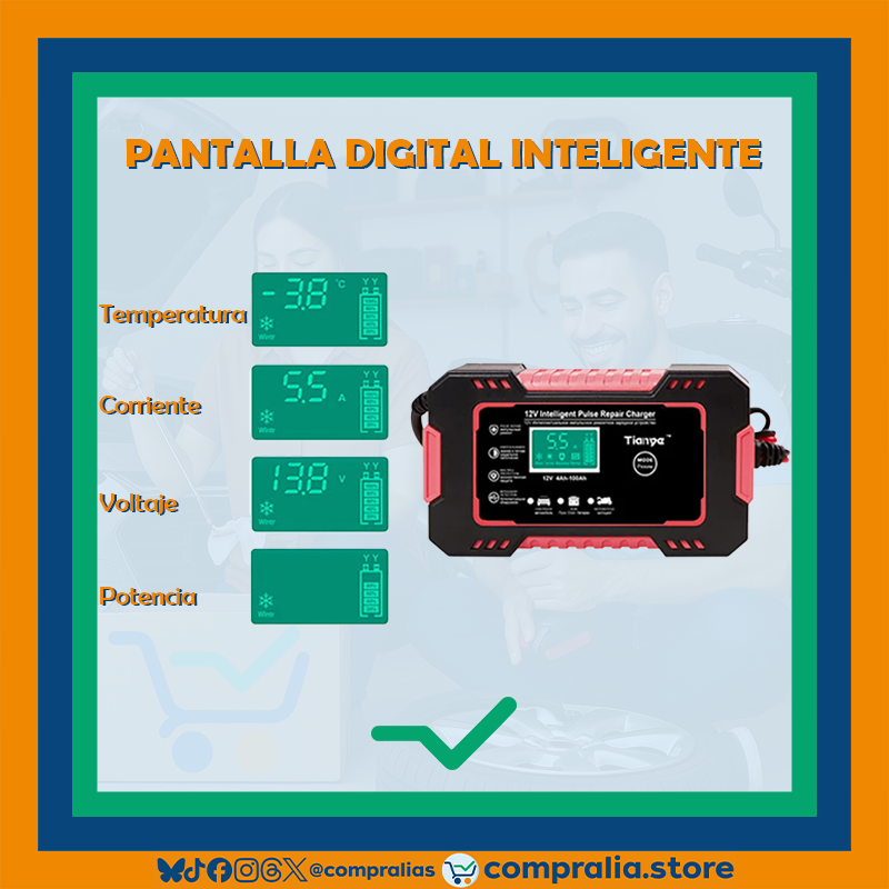 Cargador de Batería para Carro 12V 6A con Pantalla LCD | Reparación por Pulso y Modo Inteligente