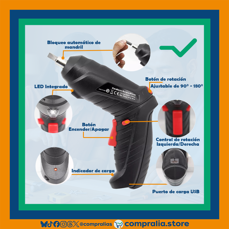 Destornillador Inalámbrico 47 en 1 | Herramienta Recargable 3.6V | Mango Ajustable | Luz LED | Accesorios Incluidos