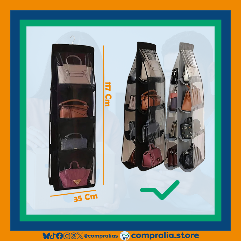 Organizador de Bolsos Colgante | Ahorra Espacio y Protege tus Accesorios | 8 Compartimentos Visibles y Plegables