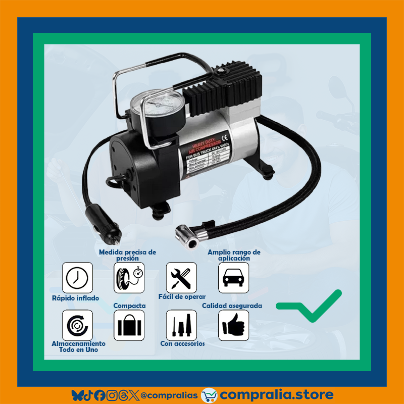 Inflador Eléctrico de Neumáticos 12V Portátil | Alta Presión 100 PSI, Flujo Rápido 35L/min | Silencioso y Eficiente para Moto, Auto, Camioneta y SUV