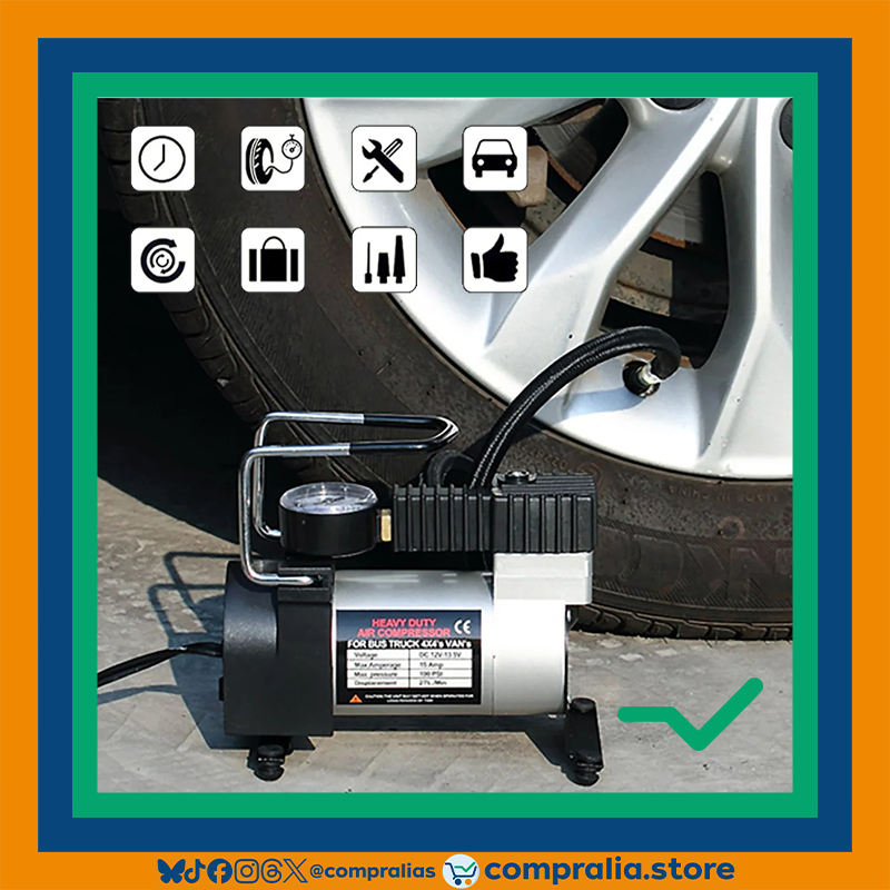 Inflador Eléctrico de Neumáticos 12V Portátil | Alta Presión 100 PSI, Flujo Rápido 35L/min | Silencioso y Eficiente para Moto, Auto, Camioneta y SUV