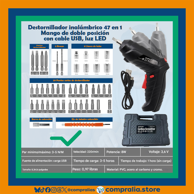 Destornillador Inalámbrico 47 en 1 | Herramienta Recargable 3.6V | Mango Ajustable | Luz LED | Accesorios Incluidos