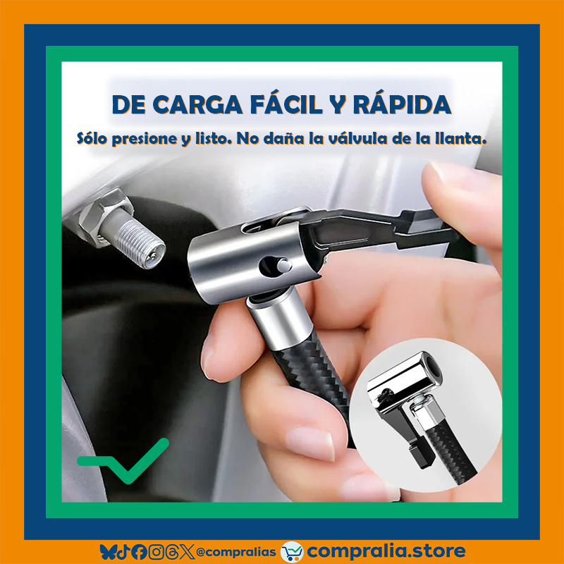 Inflador eléctrico portátil de 300 PSI para neumáticos de carro, moto o bicicleta. Compacto y resistente, con cable de conexión 12V y boquillas universales. Ideal para emergencias en carretera o uso doméstico. Diseño negro con detalles ergonómicos. Fácil de transportar y almacenar.