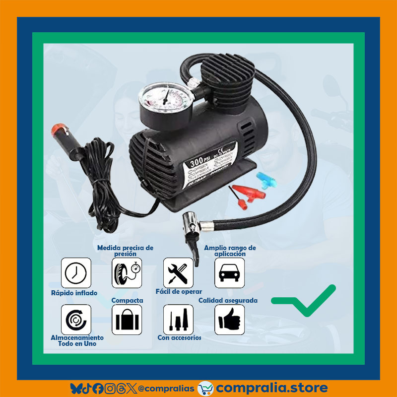 Inflador eléctrico portátil de 300 PSI para neumáticos de carro, moto o bicicleta. Compacto y resistente, con cable de conexión 12V y boquillas universales. Ideal para emergencias en carretera o uso doméstico. Diseño negro con detalles ergonómicos. Fácil de transportar y almacenar.
