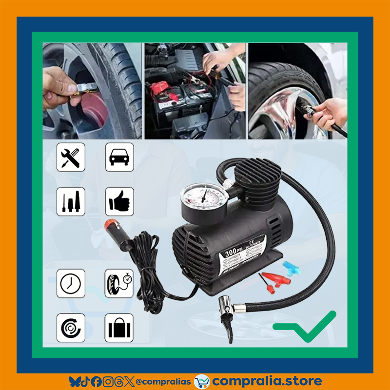 Inflador eléctrico portátil de 300 PSI para neumáticos de carro, moto o bicicleta. Compacto y resistente, con cable de conexión 12V y boquillas universales. Ideal para emergencias en carretera o uso doméstico. Diseño negro con detalles ergonómicos. Fácil de transportar y almacenar.