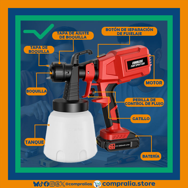 Pistola de Pintura Inalámbrica 21V | Recargable, Potente y con 3 Modos de Rociado | 800 ml | Ideal para Madera, Muro y Automotriz