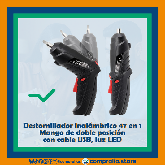 Destornillador Inalámbrico 47 en 1 | Herramienta Recargable 3.6V | Mango Ajustable | Luz LED | Accesorios Incluidos