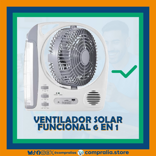 Ventilador Solar Recargable Multifuncional 6 en 1 | Luz LED | Bluetooth | Radio FM | Panel Solar | Puerto USB | Lámpara de lectura