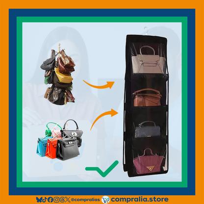 Organizador de Bolsos Colgante | Ahorra Espacio y Protege tus Accesorios | 8 Compartimentos Visibles y Plegables