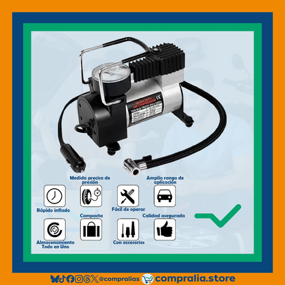 Inflador Eléctrico de Neumáticos 12V Portátil | Alta Presión 100 PSI, Flujo Rápido 35L/min | Silencioso y Eficiente para Moto, Auto, Camioneta y SUV