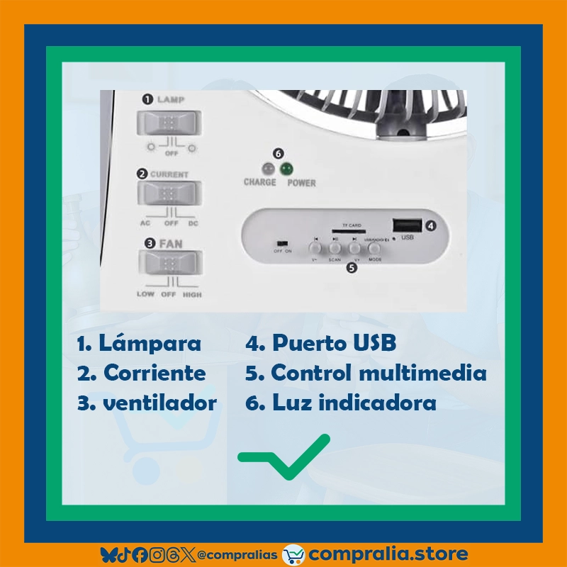 Ventilador recargable multifuncional de 8 pulgadas con luz LED integrada, radio FM, conexión Bluetooth y batería de larga duración. Incluye panel solar de 6W para recarga autónoma. Diseño compacto, portátil y práctico para uso en interiores, camping, apagones o actividades al aire libre. Color neutro, estructura resistente y múltiples funciones en un solo dispositivo. Perfecto para climas cálidos o zonas sin acceso estable a energía eléctrica.