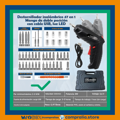 Destornillador Inalámbrico 47 en 1 | Herramienta Recargable 3.6V | Mango Ajustable | Luz LED | Accesorios Incluidos