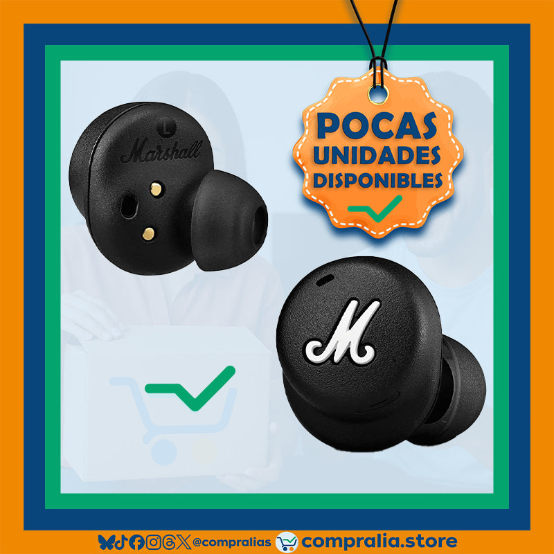 Auriculares inalámbricos Marshall Mode II en color negro con diseño elegante y compacto. Incluyen estuche portátil con carga rápida y conectividad Bluetooth 5.1 para una experiencia de sonido premium. Ideales para escuchar música, trabajar o viajar con estilo y comodidad.
