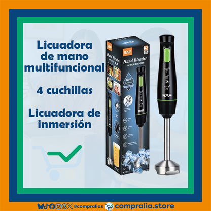 Licuadora de mano multifuncional de 800W con cuerpo ergonómico, botón de acción rápida y 4 cuchillas de acero inoxidable. Tritura hielo, frutas y vegetales con facilidad. Acabado metálico, compacto y fácil de limpiar. Perfecta para batidos, salsas, cremas y preparaciones rápidas en cocinas modernas o con poco espacio.