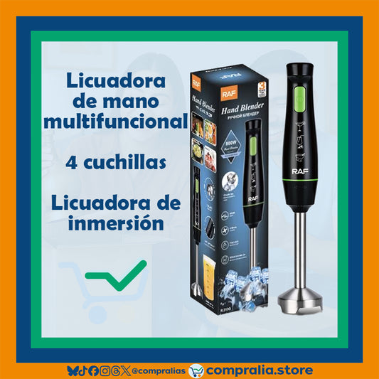 Licuadora de mano multifuncional de 800W con cuerpo ergonómico, botón de acción rápida y 4 cuchillas de acero inoxidable. Tritura hielo, frutas y vegetales con facilidad. Acabado metálico, compacto y fácil de limpiar. Perfecta para batidos, salsas, cremas y preparaciones rápidas en cocinas modernas o con poco espacio.
