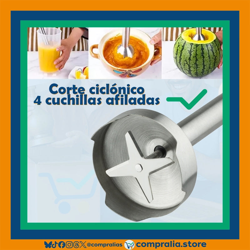 Licuadora de mano multifuncional de 800W con cuerpo ergonómico, botón de acción rápida y 4 cuchillas de acero inoxidable. Tritura hielo, frutas y vegetales con facilidad. Acabado metálico, compacto y fácil de limpiar. Perfecta para batidos, salsas, cremas y preparaciones rápidas en cocinas modernas o con poco espacio.