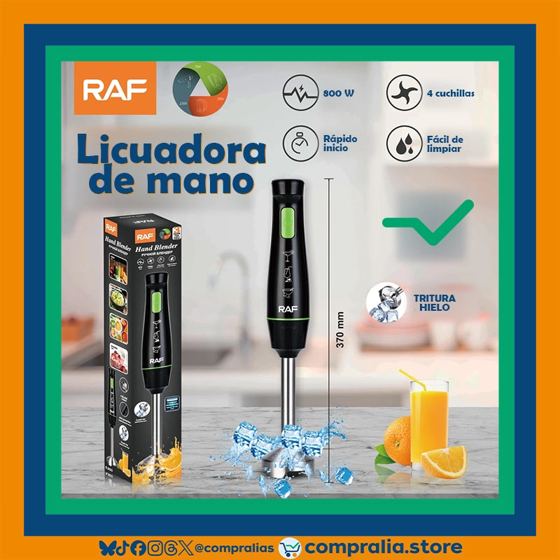 Licuadora de mano multifuncional de 800W con cuerpo ergonómico, botón de acción rápida y 4 cuchillas de acero inoxidable. Tritura hielo, frutas y vegetales con facilidad. Acabado metálico, compacto y fácil de limpiar. Perfecta para batidos, salsas, cremas y preparaciones rápidas en cocinas modernas o con poco espacio.