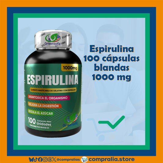 Frasco de Espirulina en cápsulas blandas de 1000 mg, con presentación de 100 unidades y tapa de seguridad. Suplemento natural considerado un superalimento, ideal para apoyar rutinas de nutrición, energía diaria y bienestar integral.