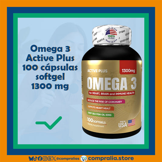 Frasco de Omega 3 con 100 cápsulas softgel de 1300 mg, con diseño transparente y tapa de seguridad. Suplemento natural ideal para adultos que buscan nutrición balanceada, vitalidad y apoyo a su bienestar integral.