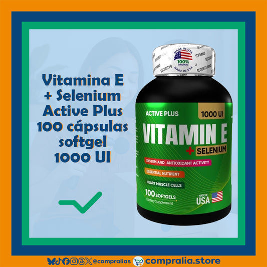 Frasco de Vitamina E + Selenio con 100 cápsulas blandas de 1000 UI, en envase transparente con tapa de seguridad. Suplemento natural ideal para adultos que buscan apoyo en su nutrición diaria, vitalidad y bienestar integral.